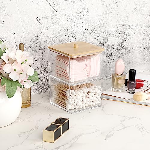 BTSKY Clear Stackable Paper Clip Holder with Bamboo Lid 2-Layer Paperclip Box Thick Acrylic Office Supply Accessory Organizer Square Small Storage Holder Cute Qtip Holder for Office Bathroom Vanity