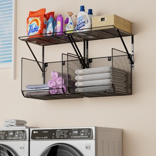 2 Pack Laundry Room Shelves Organization and Storage,Wall Mounted Clothes Drying Rack with Wire Mesh Basket Over Washer and Dryer, (Black, 2 Pack) - color: Black