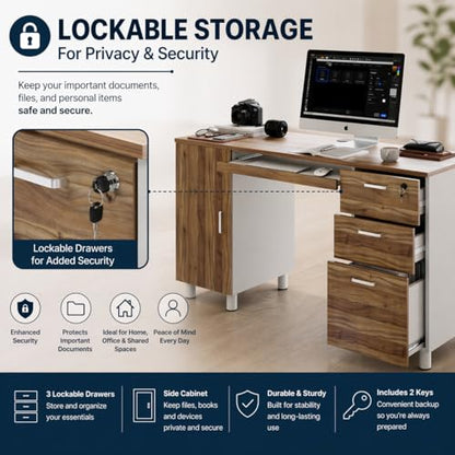 Modern Design Venice Computer Desk with Lockable Drawers, 53 Inch Home Office Desk with Storage Cabinet, Keyboard Tray & Cable Management, Modern Study Writing Desk for Small Spaces, Walnut and White - color: Walnut White