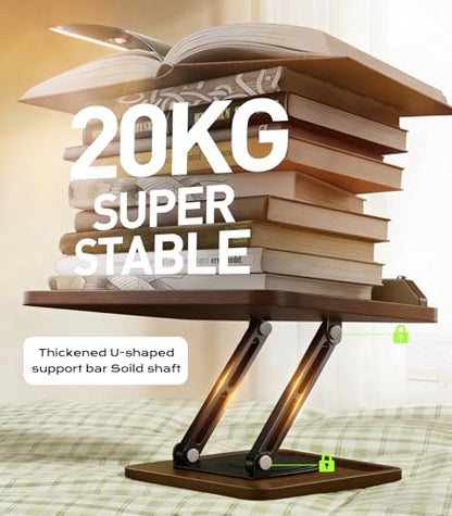 Book Stand for Reading, Adjustable Book Holder, 360° Rotating Bases with Pen Slot, Ergonomic Cookbook Stand Recipe Book Holder with Elastic Page Clips for Magazines, Tablets, Laptops - color: Brown