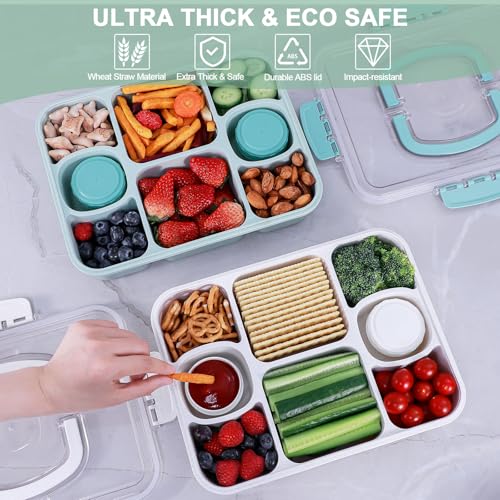 Large Snackle Box Container with 2 Sauce Cups, 8-Compartment Divided Serving Tray with Lid & Handle, Portable Snack Tray for Travel Picnic, Leak-Proof, Dishwasher Safe, BPA-Free - color: Green
