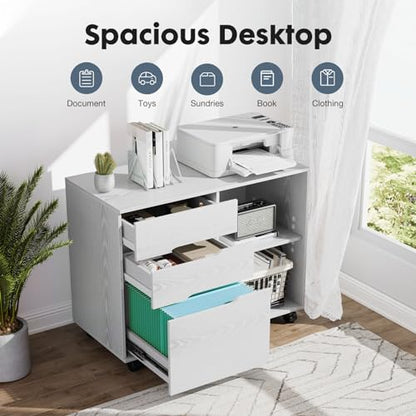 DUMOS File Cabinet with 3 Drawers, Wood Under Desk Storage Printer Stand | Rolling Lateral Filing Cabinet with Adjustable Shelves for Home Office Study Organizatiom, Classic White - color: Classic White