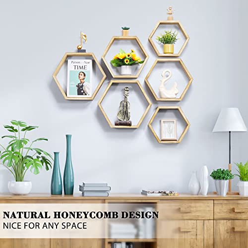 NOVIMANGO Hexagonal Floating Shelves Wall Mounted Set of 6 Wooden Hexagon Shelves Farmhouse Storage Honeycomb Shelves Hexagon Hanging Shelves Rustic Geometric Shelf for Nursery Bedroom Living Room - color: 6 Pack Wood Color