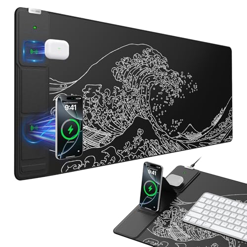 Wireless Charging Mouse Pad with Foldable Phone Holder, 31.5"x15.8" Large Desk Mat for Laptop/Keyboard, Waterproof Ultra-Smooth Surface, Non-Slip Base, Black Wave - color: Black Wave-31.5"x15.8"-Phone Holder