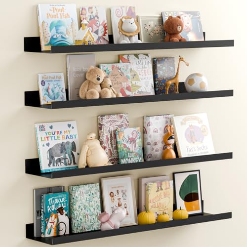 BYCY Metal Floating Shelves Set of 4,23.6inch Nursery Book Shelves for Wall Mounted,Wide Magnetic Book Display Wall Shelves for Classrooms Kitchen Bedroom Room Decor (Black) - color: Black, size: 23.6inch，4pcs