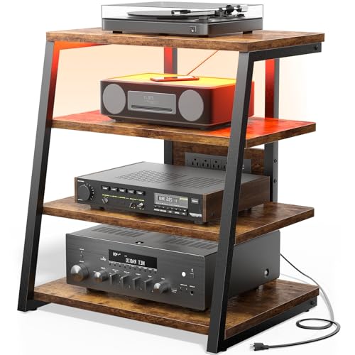 AV Media Stand with Outlets, Stereo Stands and Racks with Vinyl Storage, Stereo Stand with Record Storage, Audio Stereo Rack Cabinet, Turntable Console Stand with LED lights, 4 Tiers, Rustic Brown - color: Rustic Brown