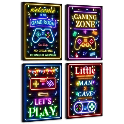 Video Game Decor for Teen Boys Gaming Wall Neon Sign Gamer Room Welcome Little Man Cave Teenage Bedroom Posters Decor Ready to Hang Set of 4, 12x16in (Framed) - size: 16L" x 12W" x 4 Panels