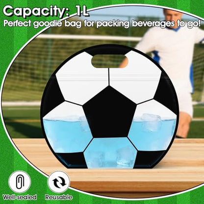 AKAIXI 24pcs 3.5 Mil Thickened Soccer Snack Bags Reusable Sealed Candy Bag | with Handle Stand-up Soccer Goodie Bags for Game Day Birthday Gifts and Soccer Party Supplies, Soccer Training Treat Bags - color: Soccer