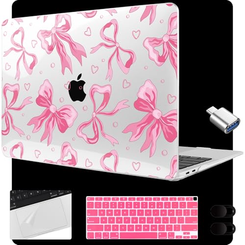 MEEgoodo for MacBook Air 13.3 inch Case 2021 2020 2019 2018 A2337 M1 A2179 A1932, Laptop Shell for MacBook Air M1 with Keyboard Webcam Cover & Trackpad Film & Type C Adapter,Pink Bow & Rainbow Striped - color: Pink Bow & Rainbow Striped