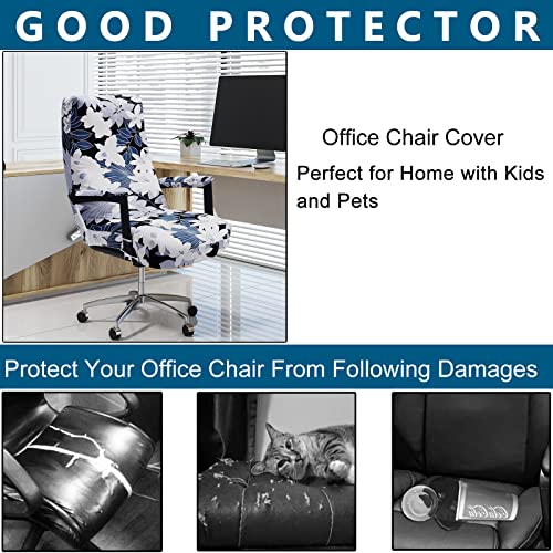 WOMACO Office Chair Covers, Stretch Computer Chair Cover with Armrest Covers, Universal Boss Chair Covers Modern Simplism Style High Back Chair Slipcover (Leaves and Flowers, Large) - color: 2-white Flowers