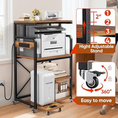 POKIPO Large 4 Tier Printer Stand, 26.7 x 21.2 x 50.2 Inches Tall Printer Cart with Power Outlets 4-Adjustable Heavy Duty Rolling Shelf for Home Office Kitchen Stand for Paper Shredder Mini Fridge