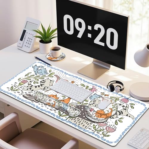 Cute Desk Mat, 4in1 Large Mouse Pad with Wrist Rest, Desk Matt for Desktop, Desk Pad Mat, Anti-Slip XXL Computer Ergonomic Mousepad with Wrist Support for Keyboard and Mouse I Funny Cat Animals - color: Funny Cat Animals