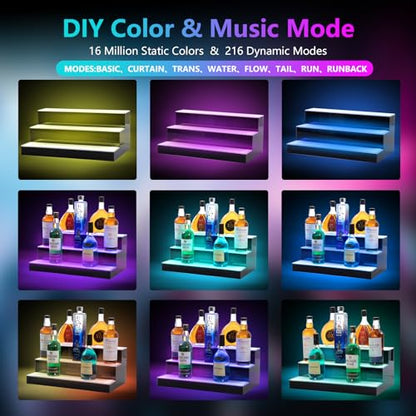 Led Lighted Liquor Bottle Display Shelf, 24 Inch 3 Tier Whiskey Rack, Support USB, Bar Stand with RF Remote & App Control, Illuminated Acrylic Lighting Shelves for 21 Bottles, Home Bar, Party - size: 24" 3 step