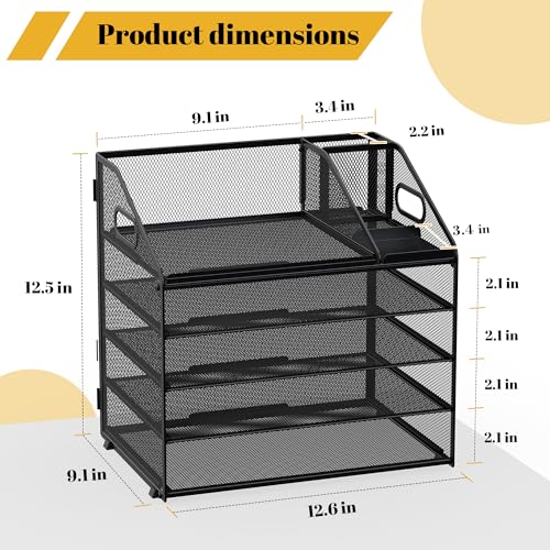 Letter Tray Paper, 5 Tier Desk Organizer with Pen Holder and Handle, Mesh File Organizer Paper Sorter Metal Desktop Document Shelf for Office Home Classroom - Black - color: 5 Tier-black