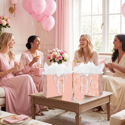 woric 13.7" Pink Gift Bags Set of 2, Large Birthday Gift Bags for Women | 2 Pink Bags with Ribbon Handle, 4 Tissue Paper & Greeting Cards, Women Girls Birthday, Anniversary, Wedding Bridal Showers - color: Pink