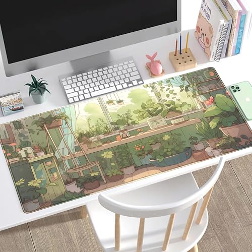 Cute Desk Mat Green Plants Gaming Mouse Pad XXL Large Extended Sage Laptop Keyboard and Mouse Mat with Stitched Edges, Computer Desktop Mat Playmat for Women Office Desk Decor Pad Mat 31.5x15.7 in - color: Aesthetic Green Plants