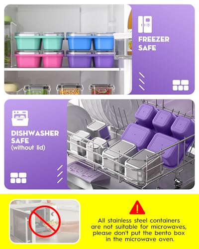 BiuLeon Snackle Box Containers, Stainless Steel 5 Compartments Divided Serving Tray with Lid, Removable LeakProof Portable Bento Box for Fruit Candy Nuts Food - School, Picnic and Travel（Purple） - color: Purple