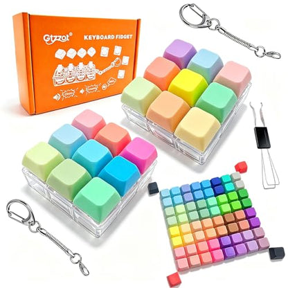 Mini Keyboard Fidget Toy — Stress Relief Clicker Keychain with 70 Colorful Removable Keycaps | Clicky Button Fidget for Adults, Calm Anxiety Office Travel School Home(2Pack-9in1)