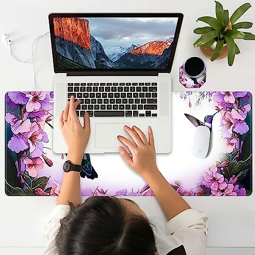 Hummingbird Extended Large Mouse Pad with Coaster - 35.4 x 15.7 Full Desk Mousepad - Stitched Edges - Ultimate Gaming Desk Mat - color: Hummingbird, size: 35.4L x 15.7W inches
