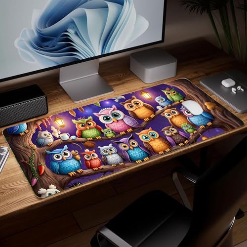 Leather Owl Desk Pad, Colorful Art Mouse Pad Large Computer Keyboard Gaming Mousepad Waterproof Desktop Protector & Cover, Decorative PU Leather Laptop Mouse Mat Home Decor 10 x 25.6 inch C82 - color: colorful-2