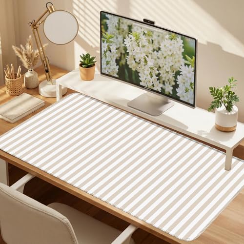 Beige Striped Desk Mat Cute Pastel XXL Large Gaming Mouse Pad Desk Pad Kawaii Aesthetic Home Office Decor Cozy Keyboard Laptop Computer Mat - color: A2- Beige