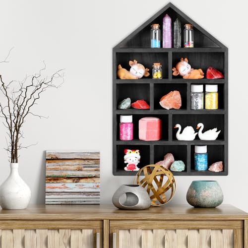 Threehoney House Shaped Wooden Shadow Cubby Box Hanging Display Shelf Organizer Wall Mounted Curio Cabinet Wooden Display Case Miniature Shelf for Figures(Black,10 x 15 x 2.24 Inch) - color: Black