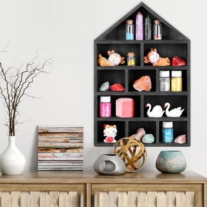 Threehoney House Shaped Wooden Shadow Cubby Box Hanging Display Shelf Organizer Wall Mounted Curio Cabinet Wooden Display Case Miniature Shelf for Figures(Black,10 x 15 x 2.24 Inch) - color: Black
