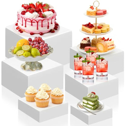 Hacaroa 6 Pcs Buffet Risers, Food Risers Dessert Cupcake Stand for Buffet Table, White Acrylic Cube Boxes for Party, Catering, Jewelry, Collectibles, Hollow Bottom, 6 Sizes (10", 9", 8", 7.5", 6.7", 6")