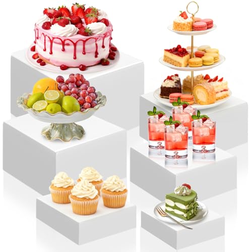 Hacaroa 6 Pcs Buffet Risers, Food Risers Dessert Cupcake Stand for Buffet Table, White Acrylic Cube Boxes for Party, Catering, Jewelry, Collectibles, Hollow Bottom, 6 Sizes (10", 9", 8", 7.5", 6.7", 6")
