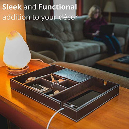 ULTRAY Nightstand Organizer, Valet Tray for Men and Women, EDC Tray, Dresser Top Catchall, Dark Brown Faux Leather, 6 Compartments