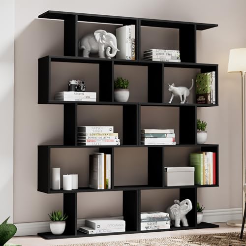 Cozy Castle Set of 2 Geometric Bookcase, S-Shaped Modern Bookshelf, Room Divider Bookshelf, 62" Tall Unique Abstract Bookcase with 5-Tier Display Shelf for Living Room Office, Black - color: Black