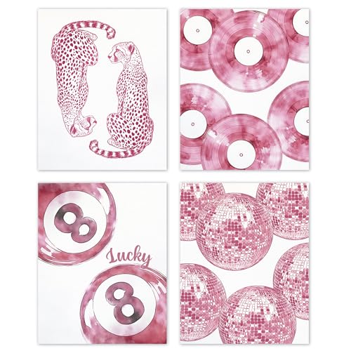 TLESKE Pink Preppy Cheetah Lucky 8 Balls Posters Prints Unframed 8x10 Set of 4, Trendy Disco Balls Wall Art Prints Decor for Teen Girls Dorm Bedroom Living Room, Retro Aesthetic Wall Pictures - color: pink disco, size: 10L" x 8W"