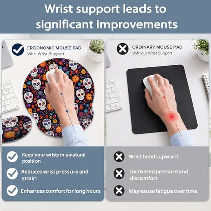 Skull Keyboard Wrist Rest Pad Ergonomic Mouse Pad Set,Flower 3 in 1 Memory Foam Mouse Pad with Non Slip Base for Office and Home - color: Skull Flower