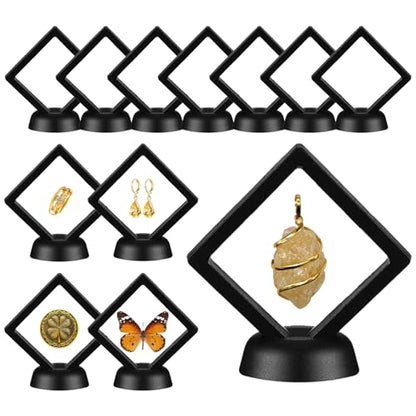 12Pcs 3D Floating Display Case Jewelry Storage Box, 2.7in Black | Clear Film, Plastic Frame, Challenge Coin Holder, For Shark Tooth Fossil Rock Gem Shell Butterfly Specimen - size: 2.7×2.7×0.8 inches