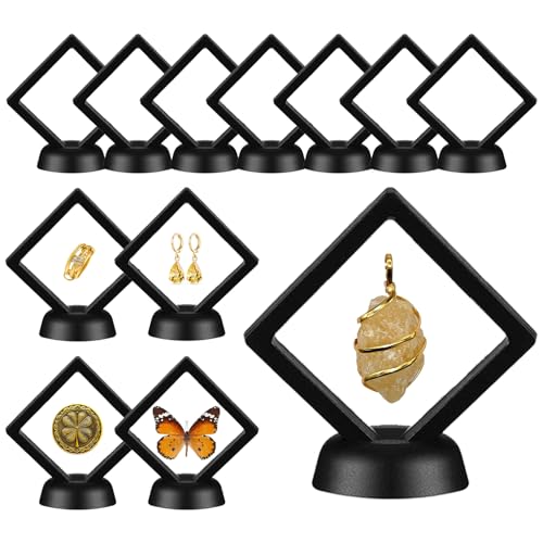 12Pcs 3D Floating Display Case Jewelry Storage Box, 2.7in Black | Clear Film, Plastic Frame, Challenge Coin Holder, For Shark Tooth Fossil Rock Gem Shell Butterfly Specimen - size: 2.7×2.7×0.8 inches