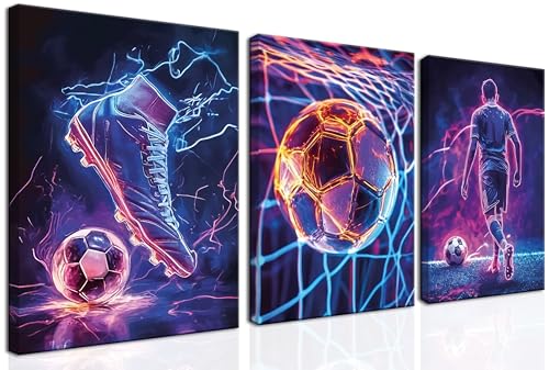 Cool Soccer Gaming Wall Art Set of 3, Neon Video Gamer Canvas Pictures, Colorful Soccer Game Painting Prints for Boys Room, Gaming Room Decor for Kids Gamer Room 16x24 inch Framed - color: Cool Football Sports Canvas, size: 24L" x 16W"