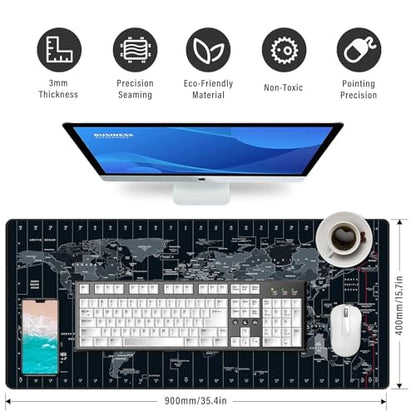 Large Mouse Pad 35.4x15.7 Inch World Map - XXL Gaming Desk Mat with Non-Slip Rubber Base, Stitched Edges | Keyboard and Mouse Pad for Gaming/Office | Portable Desk Pad - color: Dark black