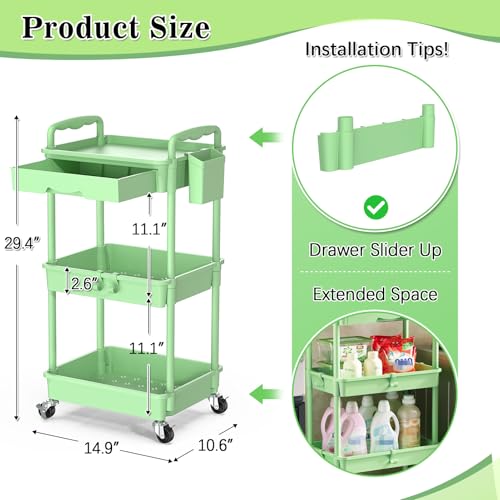 SUNALLY 3-Tier Rolling Cart with Drawer & Lockable Wheels, Bathroom Storage Organizer Multifunctional Rolling Storage Cart for Bathroom, Kitchen, Office, Craft, Makeup, Baby Essentials, Green - color: Green, size: 3 Tier