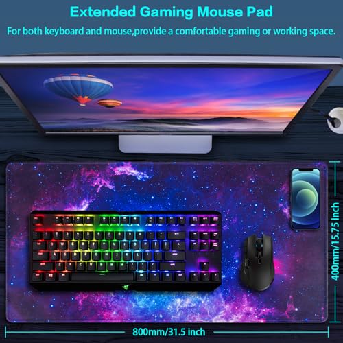 Canjoy Gaming Mouse Pad, 31.5x15.7inch Large Extended Mousepad Big Computer Desk Mat for Keyboard and Mouse Full Desk Mouse Mat with Non-Slip & Rubber Base - color: Blue Galaxy