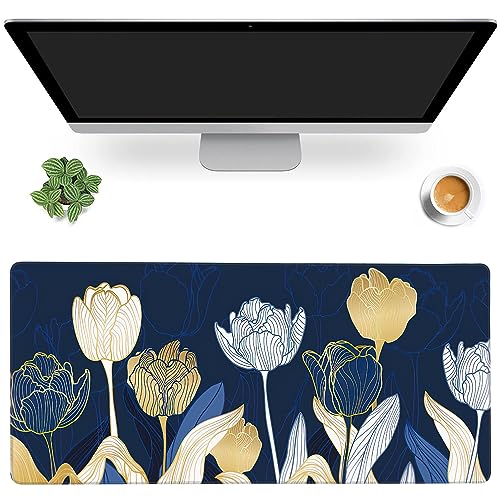 MIOAOSRT Desk Mat,Luxury Gold Tulip Flower Large Gaming Mouse Pad with Stitched Edges,Non-Slip Computer Mouse Pad for Desk,Extended XXL Keyboard and Mouse Pad 35.4x15.75 in - color: Luxury Gold Tulip Flower