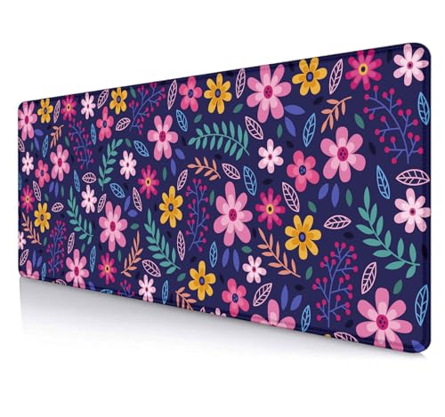 Purple Pink Flowers Desk Mat, Daisy Floral Extended Large Gaming Mouse Pad, Non Slip Rubber Base Stitched Edge Desktop Desk Pad for Computer, Christmas and Thanksgiving Gifts, 31.5 x 11.8 in - color: Pink Flowers on Blue