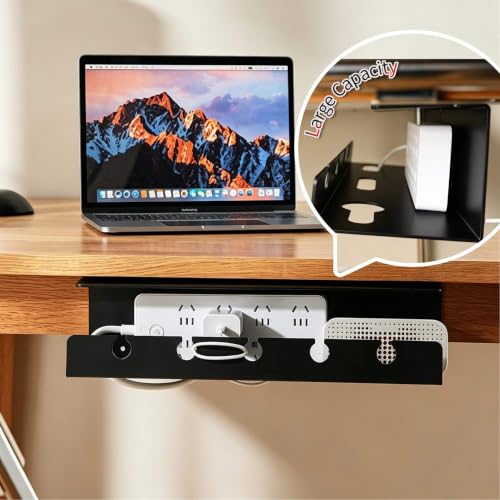 Ovanmexis Under Desk Cable Management Tray, White, 2-Pack | Quick-Release Mount, Snap-On Tool-Free, Includes Magnetic Cable Clips & Straps, No Drill Hidden Base - color: White