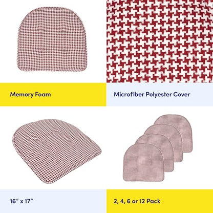 Sweet Home Collection Chair Cushion Memory Foam Pads Tufted Slip Non Skid Rubber Back U-Shaped 17" x 16" Seat Cover, 4 Count (Pack of 1), Houndsooth Red - color: Houndsooth Red, size: 4 Pack, style: Foam Pads
