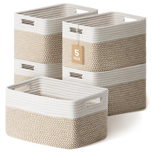 5 Pack Woven Storage Baskets for Shelves, Decorative Basket Organizer Storage Bins for Toys, Books, Clothes, Closet, Nursery, Bathroom – Cotton Rope Shelf Baskets for Organizing, Khaki & White - color: Khaki & White