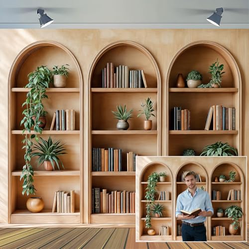 10 x 8 ft Arched Bookshelf Backdrop Modern Library Books Office Plants Video Conference Photography Home Office Meetings Indoor Decorations Photo Banner Props - color: Brown2, size: 10X8FT
