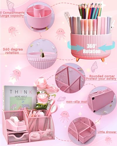 LXEVIHK 21Pcs Pink Desk Organizers and Accessories With Mesh Desk Organizer and 360°Rotating Pen Holder and a Lot of Office Pink Office Supplies Beautifully Presented in a Gift Box - color: Pink