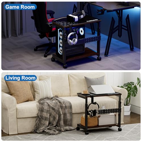 Height Adjustable Computer Tower Stand, 2-Tier ATX-Case CPU Holder with Mouse Pad & Headphone Stand, Mobile PC Standing Under Desk, Home Office Gaming Accessories, Computer Cart, Walnut - color: Walnut
