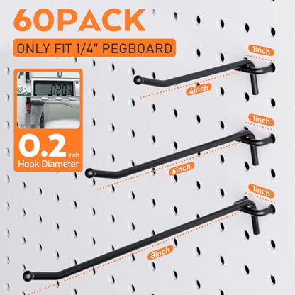 INCLY 60 Pack 4/6/8 Inch Black Pegboard Hooks, 1/4" Heavy Duty Peg Board Shelving Hooks Accessories, Peg Board Tool Hangers Fit 1/4" Pegboard for Organizing Garage, Craft Room, Kitchen, Store - size: 60PCS