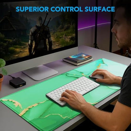 Large Gaming Mouse Pad, Waterproof Mousepad with Stitched Edges, Non-Slip Rubber Base, XXL Computer Long Keyboard Mouse Mat for Gamer, Office & Home, 31.5" x 15.7", Marble Green - color: Marble Green, size: 31.5" x 15.7"