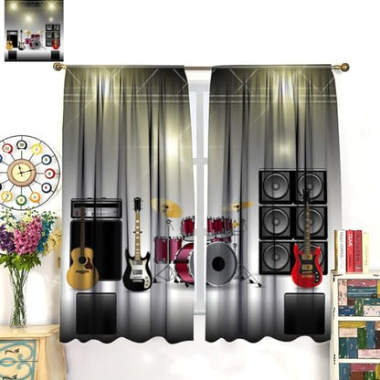 Rock Music Curtains, Teens Boys Electronic Musical Instrument Curtain Guitar Drum Speaker Window Drapes for Bedroom Living Room 42" W X 45" L(No Blackout) - color: Music-9, size: 20.5"W x 45"L (Pack of 2)